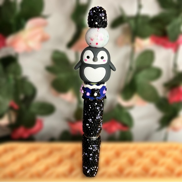 Penguin with Heart Tummy Black & Purple Rhinestones Handmade Beaded Pen - Picture 1 of 8